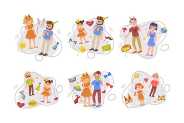 People Character Holding Mask on Pole as Party Birthday Photo Booth Prop Vector Composition Set