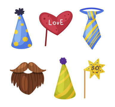 Colorful Party Birthday Photo Booth Prop with Beard, Tie and Cone Hat Vector Set