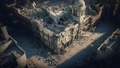 Fototapeta premium City drone view with collapsed and destroyed buildings, post apocalyptic city, realistic illustration, Generative AI 