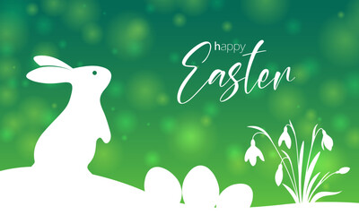 Silhouette of an Easter Bunny with eggs and snowdrops on a green background. Simple flat style for design. Happy easter.