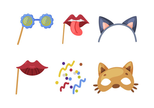 Colorful Party Birthday Photo Booth Prop with Lips, Cat Mask and Glasses Vector Set