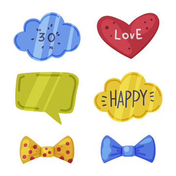 Stickers with Bow Tie, Love Heart, Cloud and Chat Bubble as Party Birthday Photo Booth Prop Vector Set