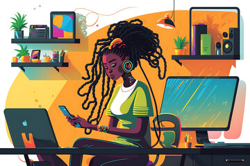 Flat vector illustration Vibrant tech-savvy woman with dreadlocks smiling in casual studio setting and using smartphone to surf the internet.  