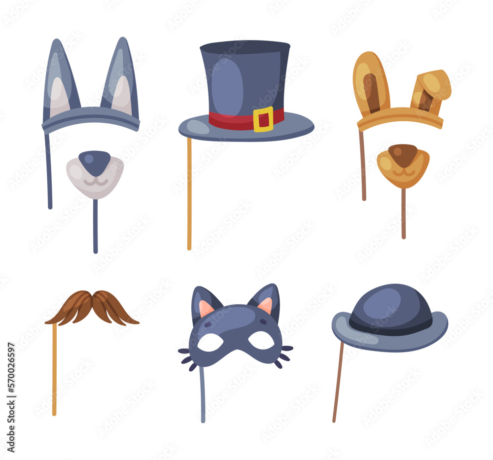 Poster colorful party birthday photo booth prop with animal mask, top hat and mustache vector set