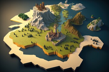Medieval kingdom 3D map, Middle age kingdom volumetric map with multiple biomes, digital illustration, Generative AI

