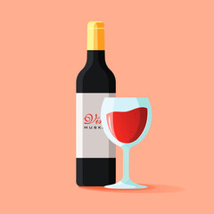 A bottle of wine. Wine in a glass. Wine design. Red wine