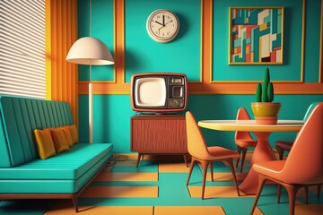 Retro 70s TV room interior with pop art colors, Old TV room, digital illustration, Generative AI