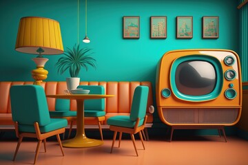 Retro 70s TV room interior with pop art colors, Old TV room, digital illustration, Generative AI