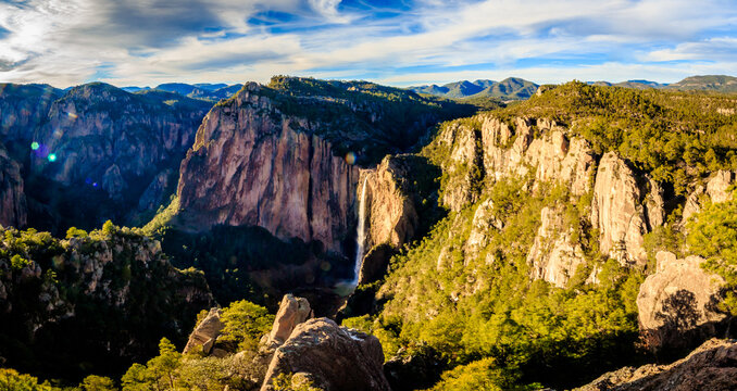 panoramic of beautiful waterfall in a valley, basaseachi chihuahua