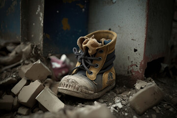 A small child's shoe piled up in the rubble of a panel building. Generative AI.