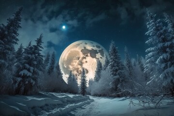 Beautiful snow-covered forest at night, owl, fir trees, pines, it's snowing. Moon.