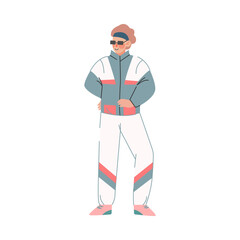 Teenage boy in 80s fashionable street style outfit. Guy in sportswear of 80s cartoon vector illustration