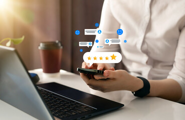 Concept of satisfaction, quality and performance. Woman who gives leave feedback on the bought...