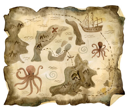 Treasure map hand drawn in watercolor. Antique map with islands, octopuses, whirlpools, ship, boat and location of the treasure. suitable for interior decoration and games.