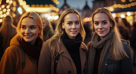 three friends, young adult women in the evening at christmas time in a city at a christmas market or outside with christmas street decorations. Generative AI