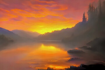 Sunset over the river with mountain horizon