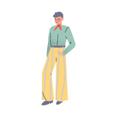 Teenage boy in 80s fashionable street style outfit. Guy in clothing and hairstyle of 80s cartoon vector illustration