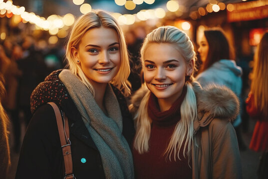 two young adult women or teenagers with blonde hair with winter jackets in a city or christmas market with lights. fictional persons and place. Generative AI