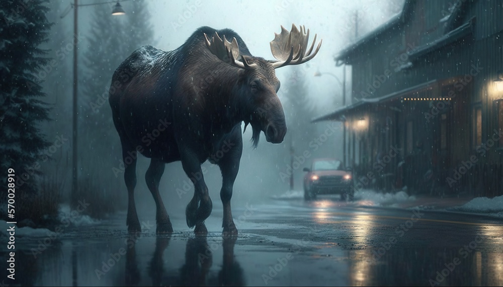 Wall mural a moose walking down a street in the rain with a car parked on the side of the road in the backgroun