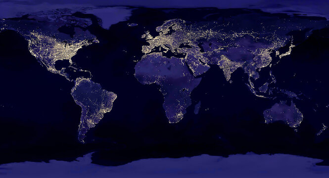 Earth night view from space map with city lights satellite-based observations. "Elements of this image furnished by NASA light pollution map
