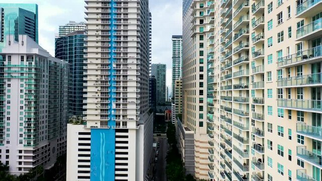 Aerial view of tall residential buildings in Miami downtown, Florida, United States.