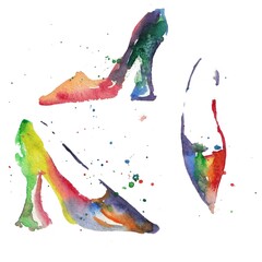 Fototapeta na wymiar Watercolour rainbow Shoes shaped spot. Colourful high Heels hand drawn Fashion illustration.