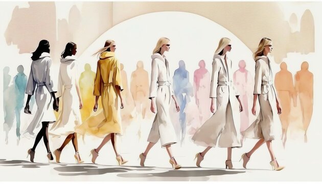 female fashion show, professional models on a catwalk, people art, illustration, for magazin, flier, blog, shop. Generative AI