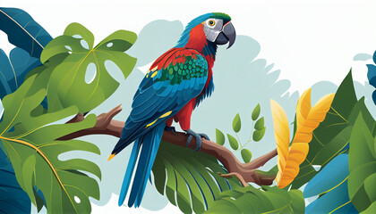 flat illustrations parrot on a branch background generative AI