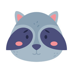 Head of cute baby raccoon animal. Nursery decoration, card or invitation design cartoon vector illustration