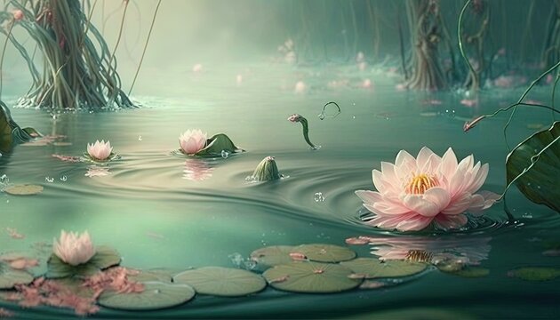  a painting of water lilies in a pond with lily pads and reeds in the water, with a green background and a pink flower in the middle of the water.  generative ai