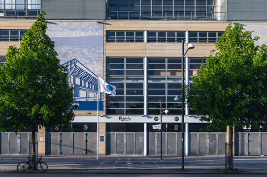 Facade of Parken Stadium, home  for FC Copenhagen (Dan. FC K&oslash;benhavn). Copenhagen, Denmark - May 2022