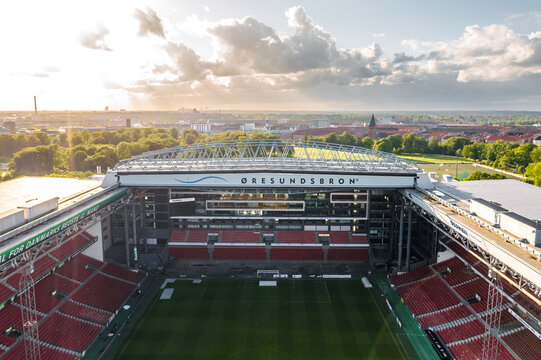 Aerial view of Parken Stadium, home  for FC Copenhagen (Dan. FC K&oslash;benhavn). Copenhagen, Denmark - May 2022