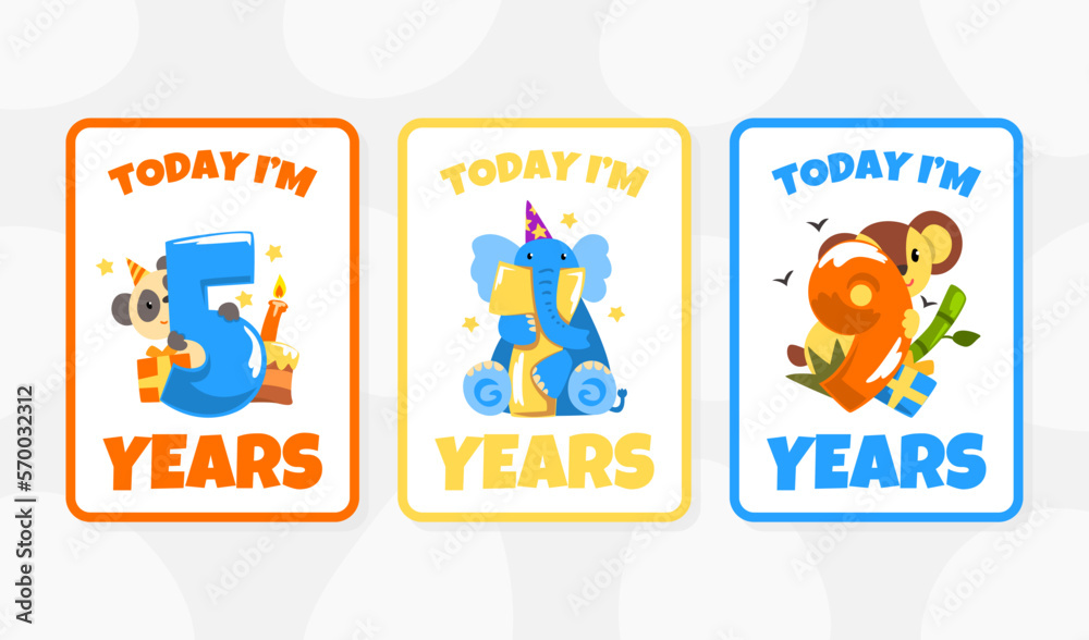 Poster birthday anniversary card templates with numbers and cute animals. party invitation card, print, sti