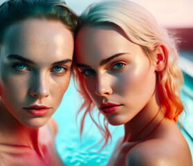 two young adult women in an indoor pool. Generative AI