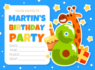 Eighth Birthday party invitation card. Birthday anniversary number with cute fox animal and space for text vector illustration