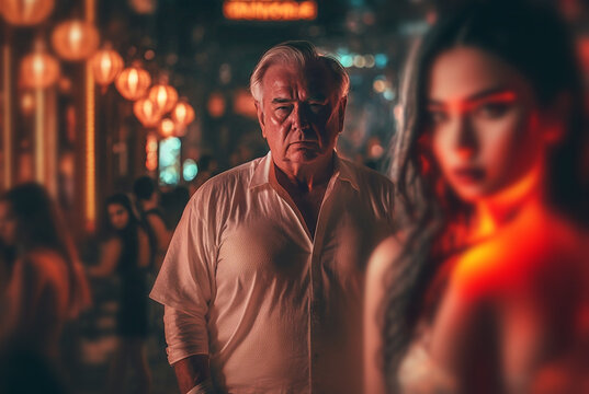 Sugar Daddy In A Fictitious Red Light District With Slightly Fat Older Man Looking Eagerly At Prostitutes Bodies, Street With Nightclubs Or Strip Clubs, Asian Looking Ladies. Generative AI