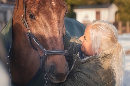 Lady loving her horse . High quality photo