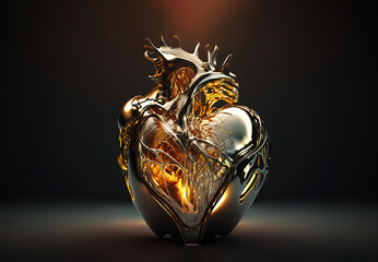 Chrome Human heart with fire glow inside, passion and emotion concept, strong heart, on a black background. Illustration. AI Generative.