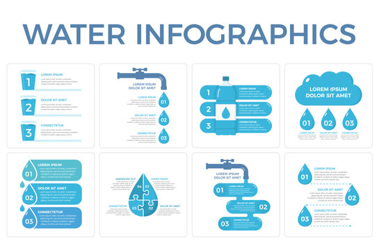 Set of eight water infographic templates with water drops, bottle, glasses and tap