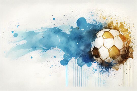 watercolor drawing of a soccer ball on paper with blue and gold paints  Generative AI