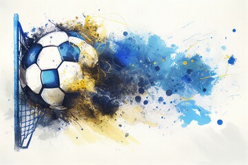  watercolor drawing of a soccer ball on paper with blue and gold paints Generative AI - obrazy, fototapety, plakaty