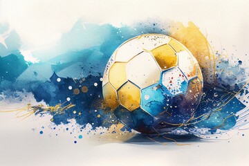  watercolor drawing of a soccer ball on paper with blue and gold paints Generative AI - obrazy, fototapety, plakaty