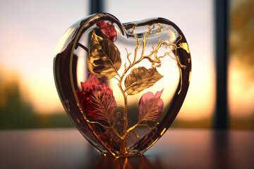Transparent glass heart with golden and red leaves inside, love and emotion concept, dreamy heart, on a bokeh background. Illustration. AI Generative.
