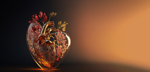 Transparent glass heart with golden and red leaves and flowers inside, love and emotion concept, healthy heart, on a beige background. Illustration. AI Generative.
