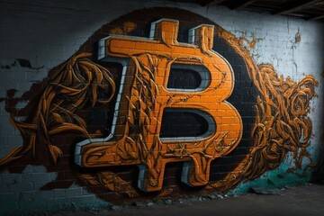 Bitcoin graffiti on wall, crypto currency art