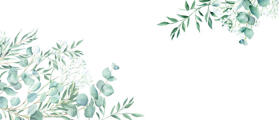 Floral watercolor banner. Green eucalyptus, olive, pistachio and gypsophila branches isolated on white background. Rustic romantic style. Floral design frame. Can be used for cards, wedding