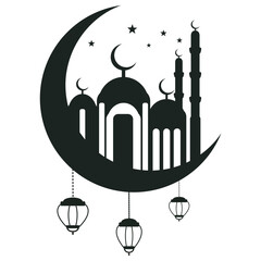 Fototapeta na wymiar Ramadan design, crescent moon with mosques and stars and hanging lanterns shape isolated on white background, silhouette ramadan design, vector illustration