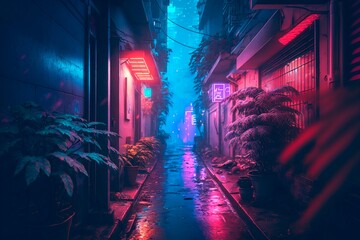 Blue Night city lights. Neon urban future. Rainy Futuristic city in a cyberpunk style. Photorealistic Generative AI illustration. Futuristic skyscrapers with neon lights.