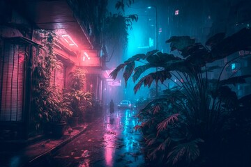 Blue Night city lights. Neon urban future. Rainy Futuristic city in a cyberpunk style. Photorealistic Generative AI illustration. Futuristic skyscrapers with neon lights.