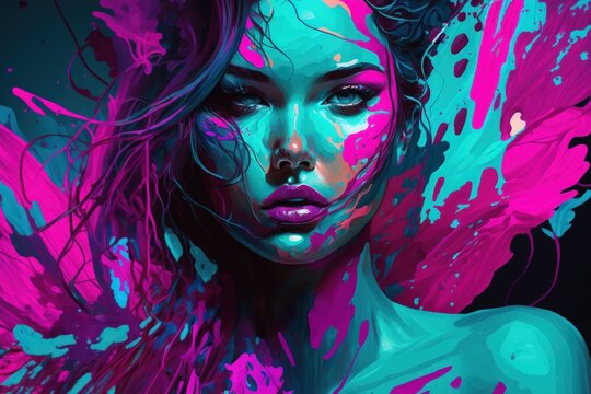attractive young artist painted in turquoise and fuchsia, abstract body art that is artistic and vibrant painting. Generative AI
